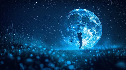 Golf Ball Moon Conceptualize a night scene where the moon is replaced by a golf ball, with a silhouette of a golfer taking a swing at it