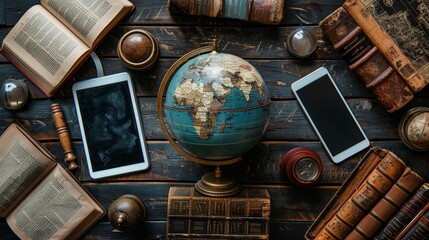 Globe Surrounded by Classic Literature and Modern Devices Show a traditional globe surrounded by a mix of classic literature books and modern digital devices like tablets and ereaders