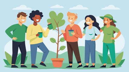 A group of friends laughing and joking with each other as they take a break from planting trees. As they stand around the freshly planted sapling they. Vector illustration