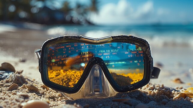 Diving Mask with Reflection of Stock Ticker Create an image where a diving mask left on the beach reflects a scrolling stock ticker