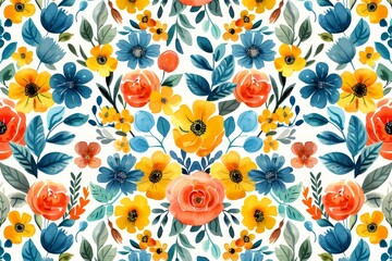 A seamless pattern of watercolor flowers in yellow, orange, and blue with white background.