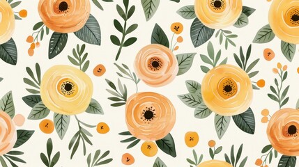 A seamless pattern of orange roses and green leaves painted in watercolor.