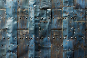 Blue metal door with rivets and rivets, closeup, Ai Generated
