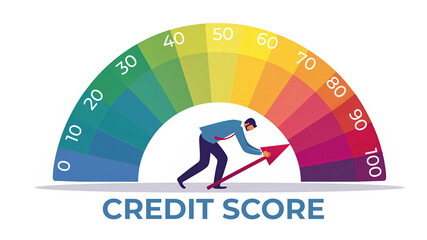 Person pushing an arrow on a colorful credit score gauge, concept of improving financial health.