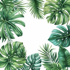 A watercolor painting of a lush tropical jungle with green leaves and plants.