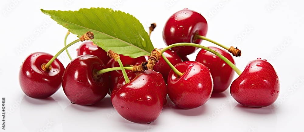 Leinwandbilder a close up image of fresh cherries with leaf on a white background creating copy space