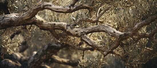 A detailed shot showcasing the intricate patterns and textures of branches from an olive tree leaving room for a background image. with copy space image. Place for adding text or design