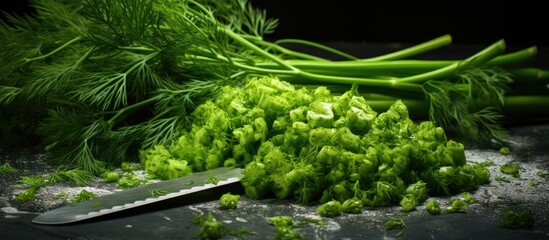 A bunch of dill is being chopped while it s wrapped creating a copy space image - Powered by Adobe