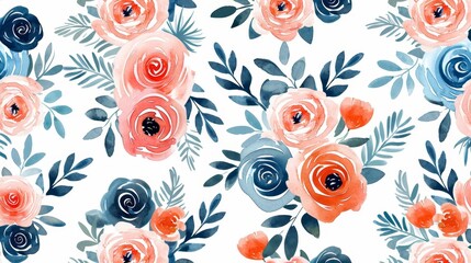 A watercolor painting of pink and blue roses with green leaves on a white background.