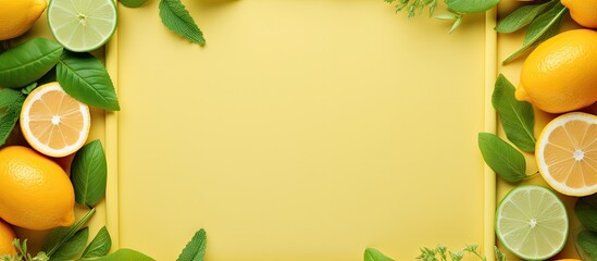 A copy space image featuring a lemon frame adorned with fresh mint and ginger set against a soft yellow backdrop