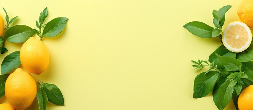 A copy space image featuring a lemon frame adorned with fresh mint and ginger set against a soft yellow backdrop