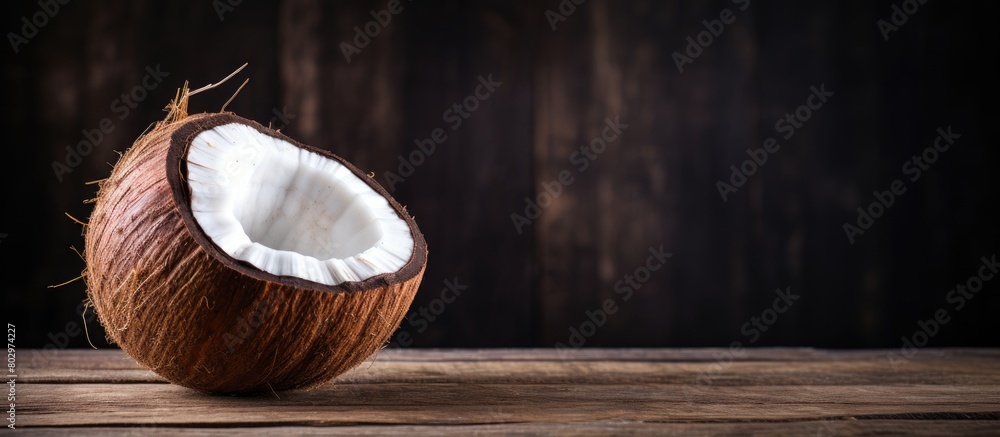 Poster A copy space image featuring a ripe coconut resting on a rustic wooden table
