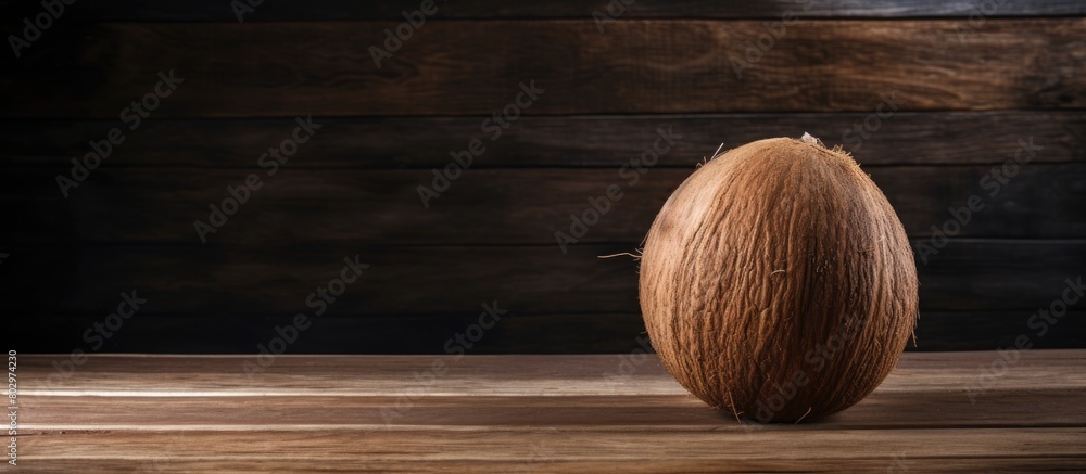 Aufkleber a copy space image featuring a ripe coconut resting on a rustic wooden table