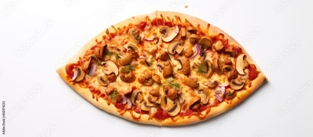 Poster A copy space image of a fast food pizza isolated on a white background and presented in a flat lay arrangement