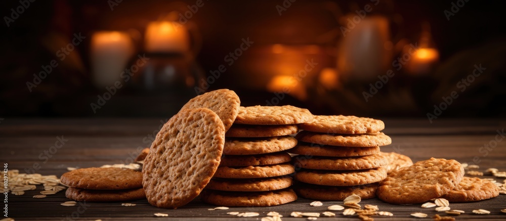 Poster a copy space image of cereal cookies arranged on a rustic wooden surface