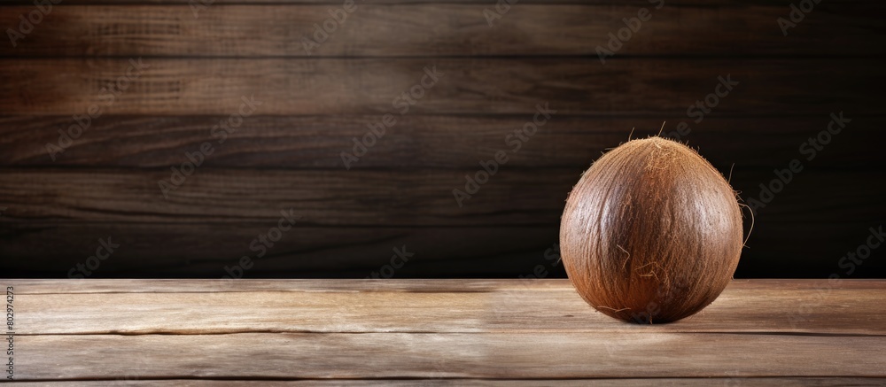Aufkleber A copy space image featuring a ripe coconut resting on a rustic wooden table
