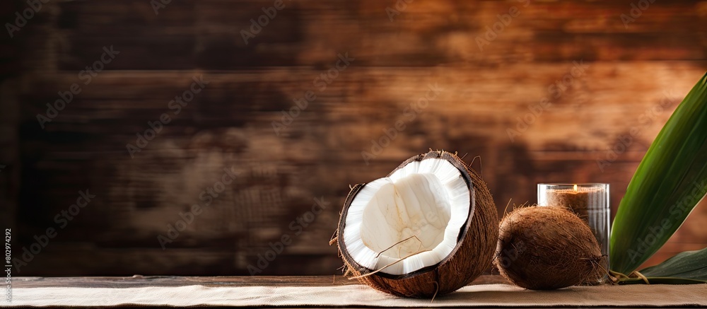 Aufkleber A copy space image featuring a ripe coconut resting on a rustic wooden table