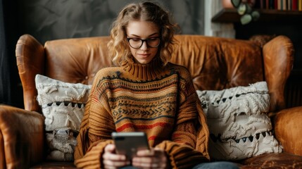 A young woman in glasses is sitting on a couch, reading a book. She is wearing a brown sweater and has her hair in a ponytail.