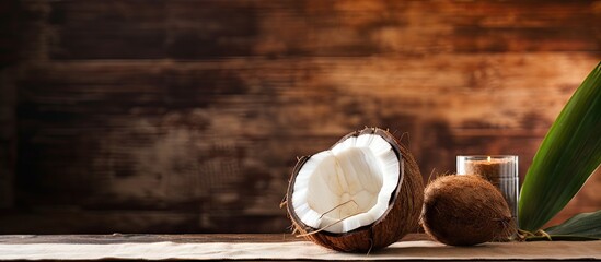 A copy space image featuring a ripe coconut resting on a rustic wooden table - obrazy, fototapety, plakaty
