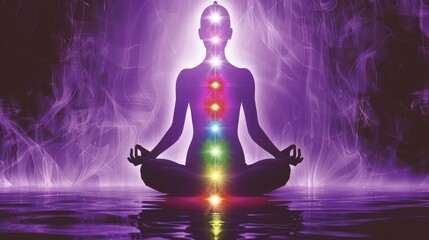 An illustration of a person meditating with chakras aligned and glowing.
