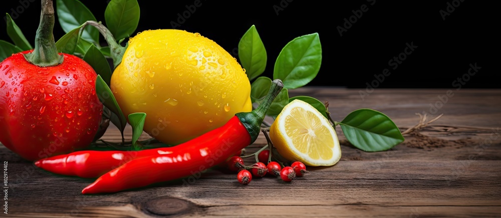Poster A copy space image featuring vibrant red chili peppers and a refreshing lemon displayed against a rustic wooden background
