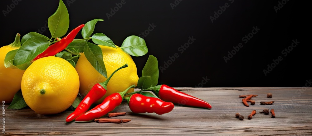 Poster A copy space image featuring vibrant red chili peppers and a refreshing lemon displayed against a rustic wooden background