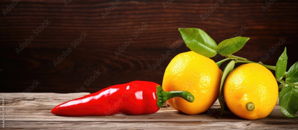 Aufkleber A copy space image featuring vibrant red chili peppers and a refreshing lemon displayed against a rustic wooden background