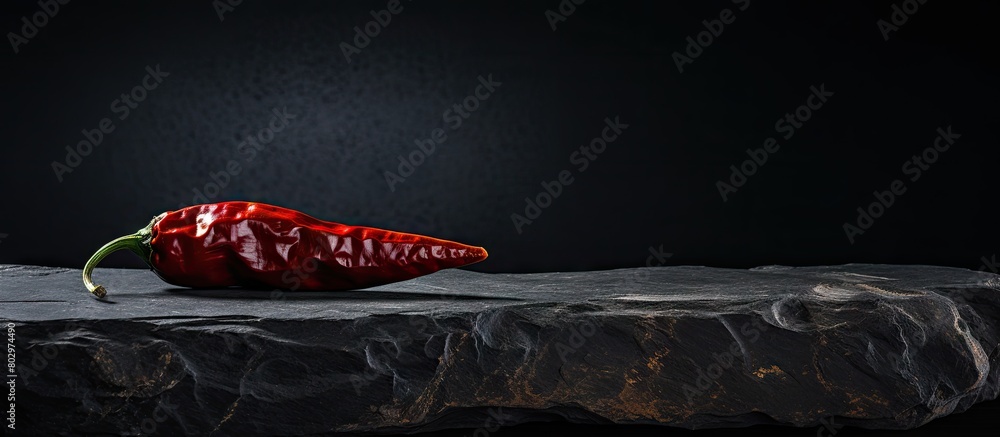 Poster a close up view of a dried red hot chili pepper adorning a black stone board creating a visually str