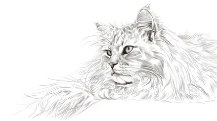 Artistic black and white pencil sketch of a resting Maine Coon cat, showcasing the detailed fur texture and calm expression.