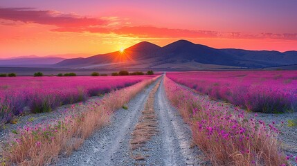 Fototapeta premium Country road through a field of purple flowers at sunset