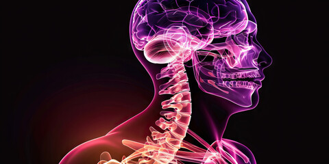 Chiari Malformation: The Headache and Neck Pain - Visualize a person with a highlighted cerebellum extending into the spinal canal, experiencing headaches and neck pain