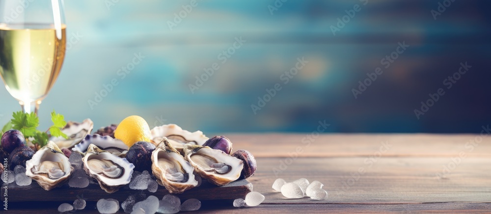 Poster A copy space image displaying a seafood background featuring fresh oysters accompanied by lemon and white wine