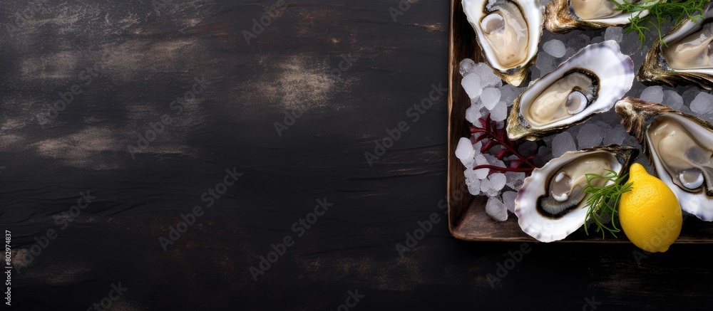Poster a copy space image displaying a seafood background featuring fresh oysters accompanied by lemon and 