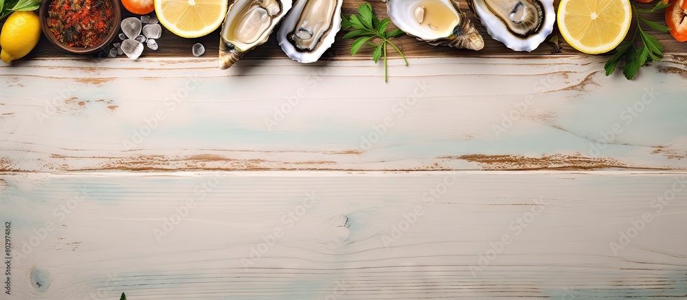 Poster a copy space image displaying a seafood background featuring fresh oysters accompanied by lemon and 