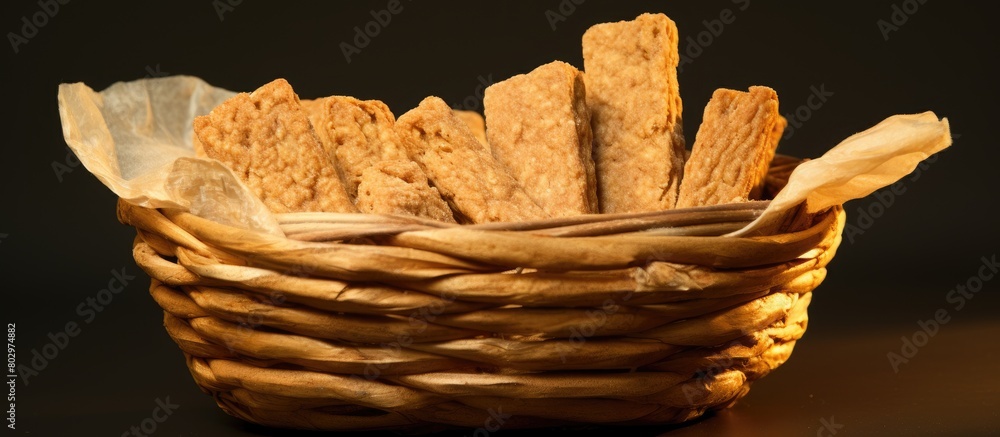 Poster A basket displaying a raw tempeh with a blank space for additional information or copy space image