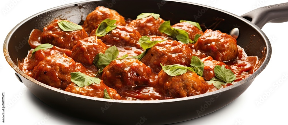 Poster A copy space image showing meatballs simmering in tomato sauce on a white background cooked in a frying pan