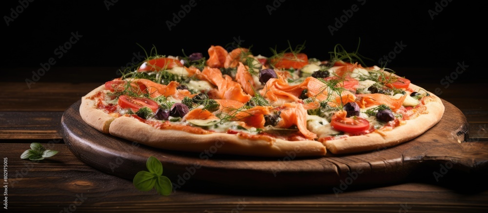 Aufkleber a copy space image of a wooden table adorned with a delicious pizza topped with smoked salmon