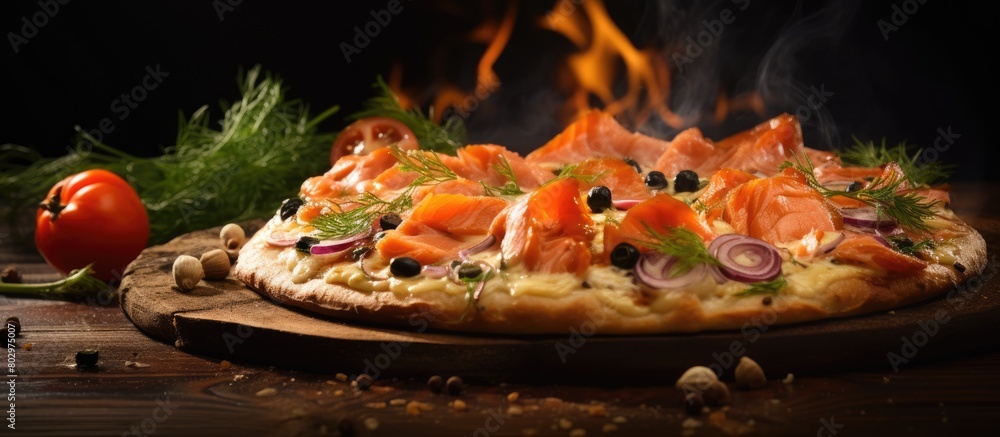 Aufkleber a copy space image of a wooden table adorned with a delicious pizza topped with smoked salmon