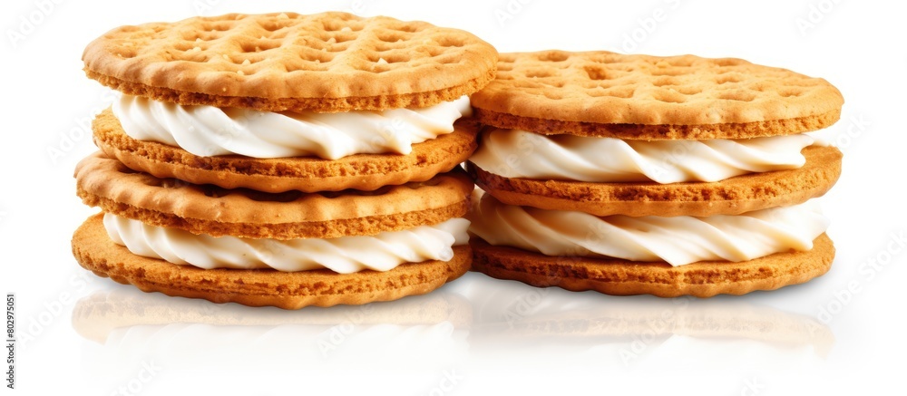 Poster A copy space image that features sandwich biscuits with cream isolated on a white background and accompanied by a clipping path