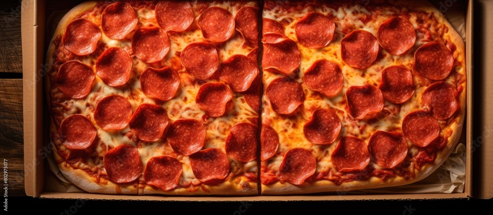 Poster A copy space image of pepperoni pizza slices neatly arranged inside a paper box