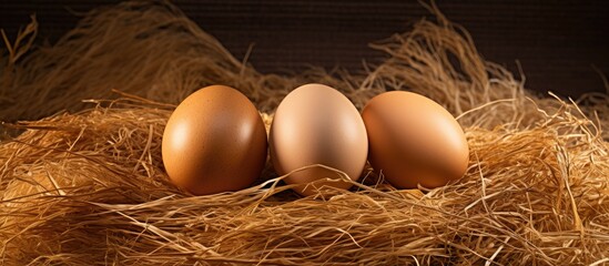 A copy space image of four newly laid eggs resting on a bed of straw