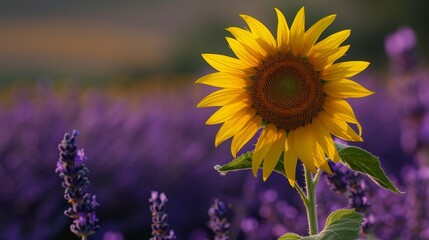 A field of lavender with a sunflower in the foreground