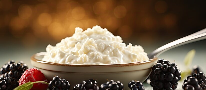 A close up image of a creamy cottage cheese dessert on a spoon with a focus on the fine details Includes ample copy space