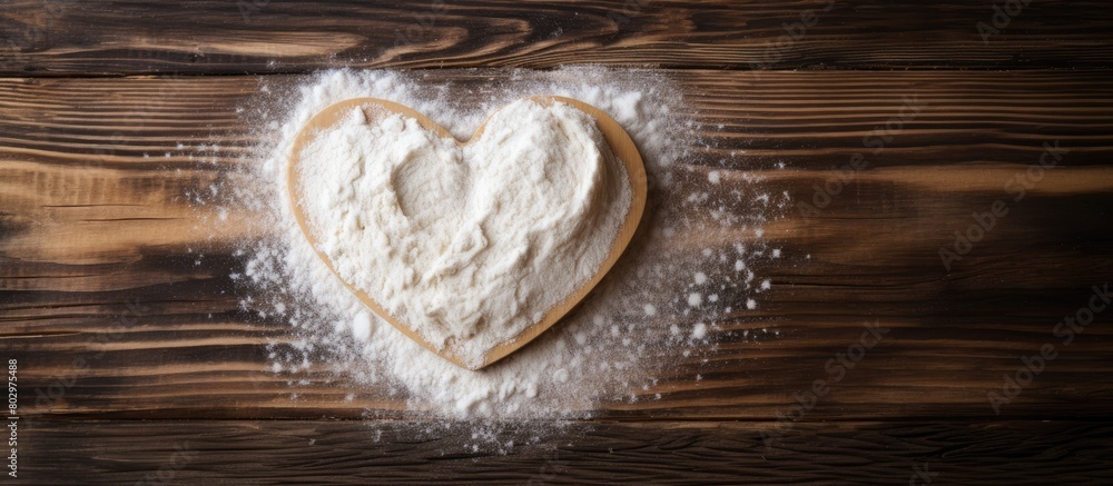 Poster A copy space image featuring a heart shaped design made on wheat flour is placed on a wooden table beside a rolling pin