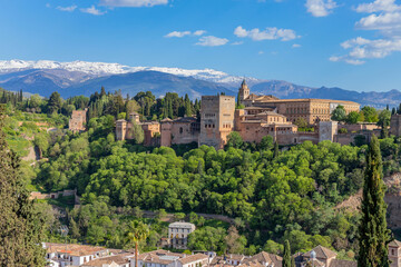 Alhambra palace with the snowy Sierra Nevada