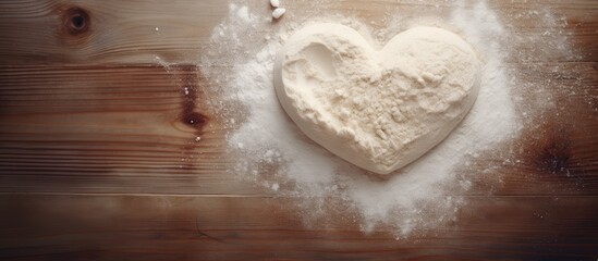 A copy space image featuring a heart shaped design made on wheat flour is placed on a wooden table beside a rolling pin - Powered by Adobe