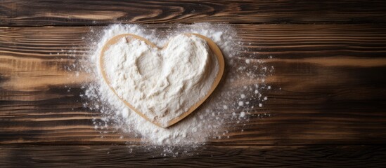 A copy space image featuring a heart shaped design made on wheat flour is placed on a wooden table beside a rolling pin - Powered by Adobe