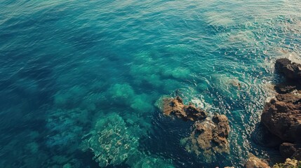 Aerial view beautiful nature beach with calm waves on turquoise water surface. AI generated image