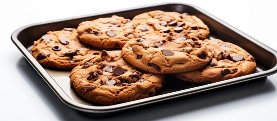 A copy space image of brownie chocolate chip cookies baked on an iron baking sheet resting on a white background