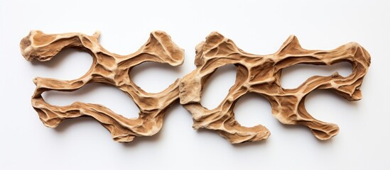 A bone shaped dry dog food placed on a white background seen from a top view with ample space for text or images